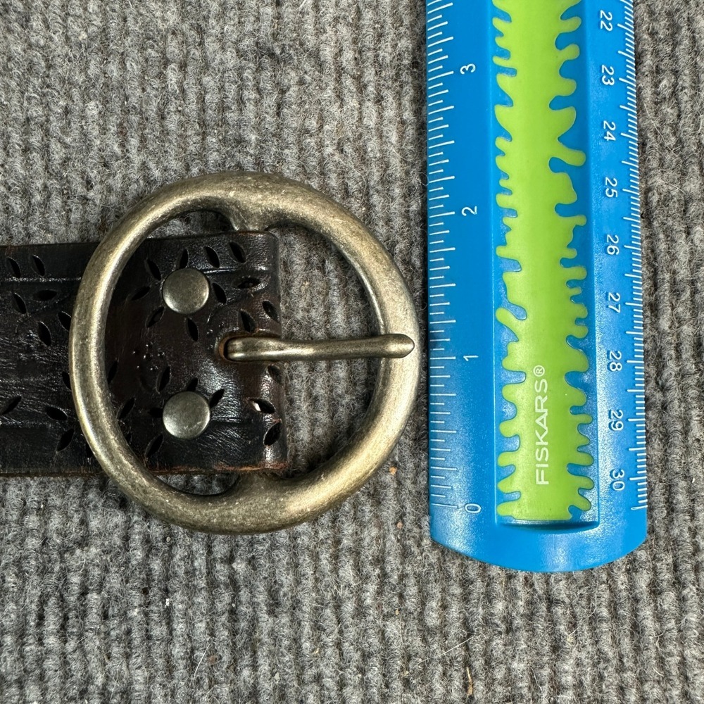 Dark Brown Perforated Floral Leather Belt Round Brass Buckle Boho Wide 40 Inch - Picture 4 of 11
